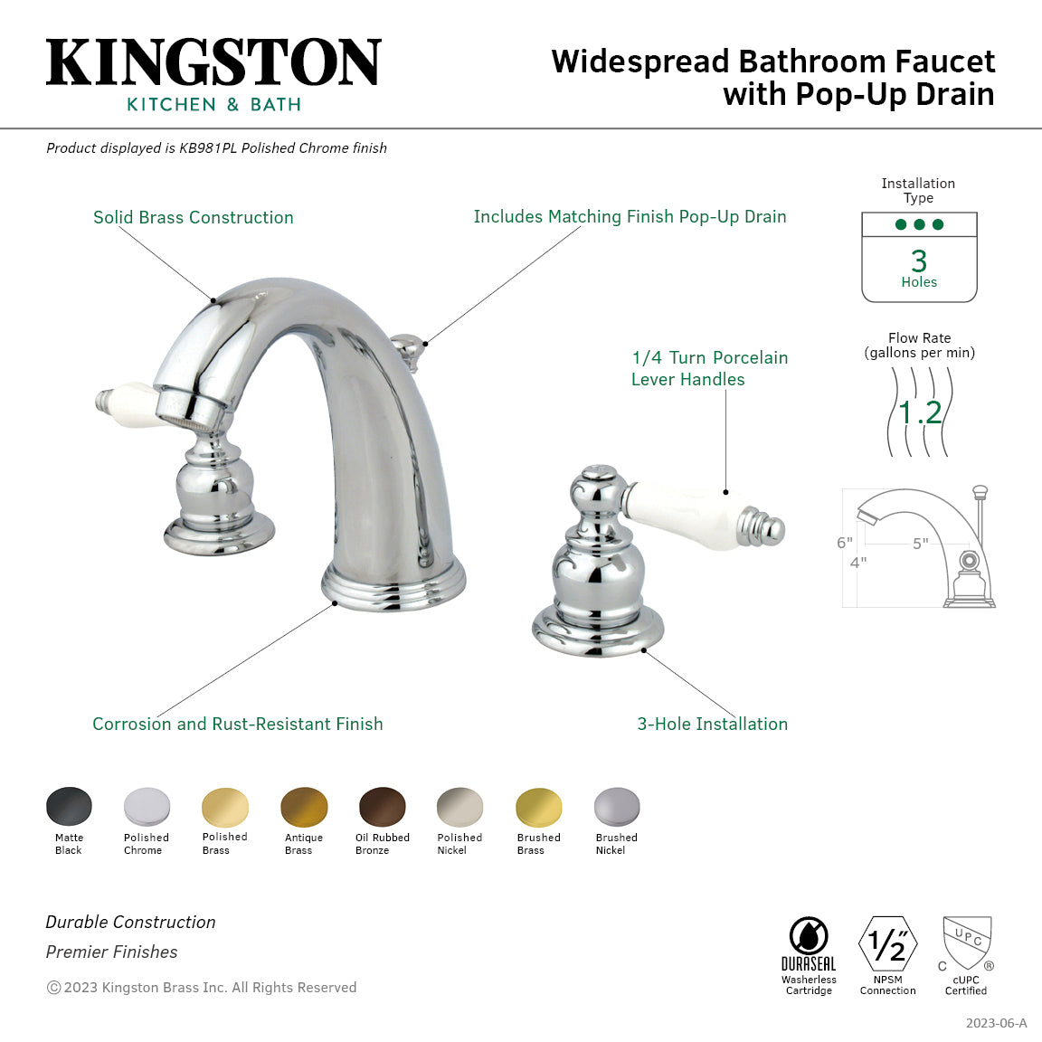 Kingston Heirloom KB981PL - Victorian Two-Handle 3-Hole Deck Mount Widespread Bathroom Faucet with Pop-Up Drain, Polished Chrome — thumbnail 2